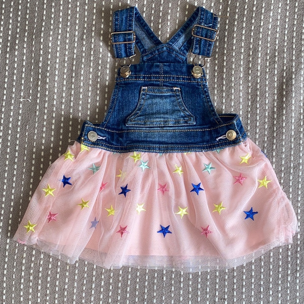 wonder nation Denim Overall Dress with Pink Tulle and Multi-Color Stars